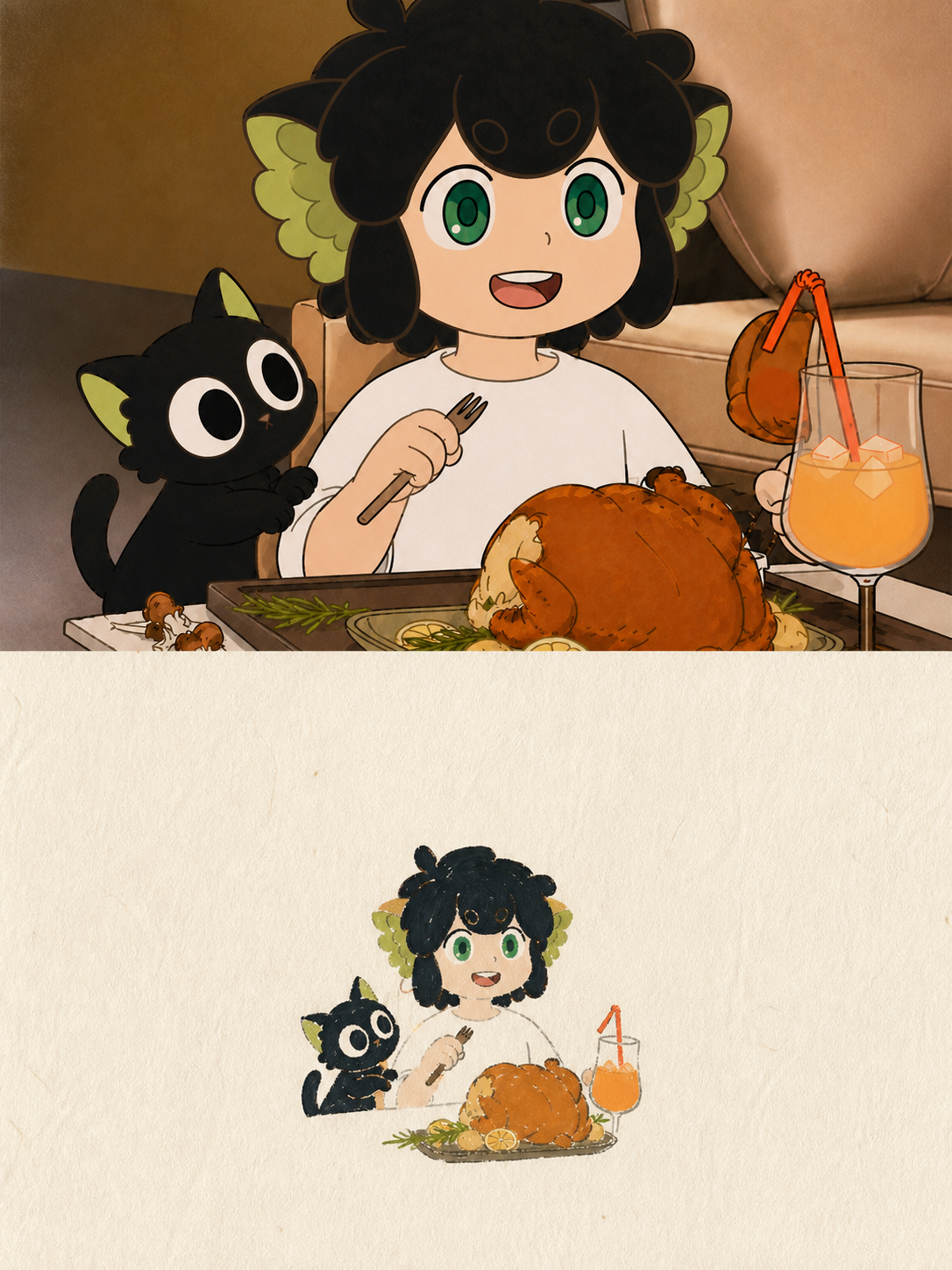 人物、黑猫与节日餐桌的上下二分编辑海报
